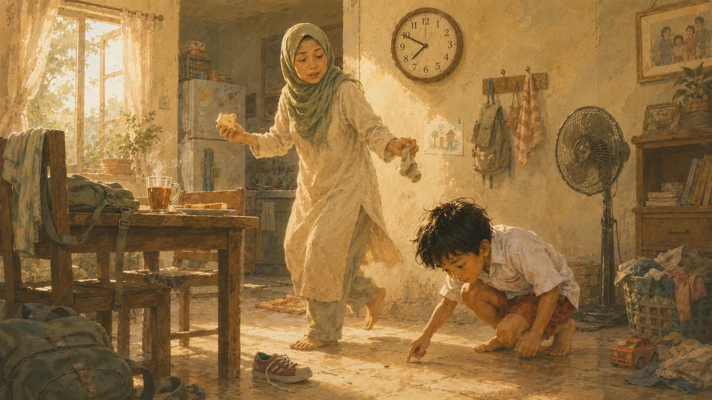 Pagi sibuk di rumah sederhana: ibu memegang roti dan kaus kaki di tengah gerak, sementara putranya berseragam separuh berjongkok terpaku pada sesuatu di lantai.