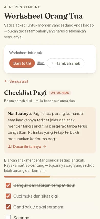 Checklist Pagi interaktif dengan tiga langkah selesai, indikator kemajuan, dan status tersimpan otomatis