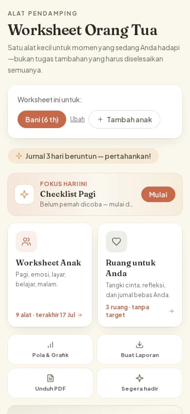 Dasbor aplikasi worksheet: fokus hari ini, pintu Worksheet Anak dan Ruang untuk Anda, serta tombol Pola & Grafik